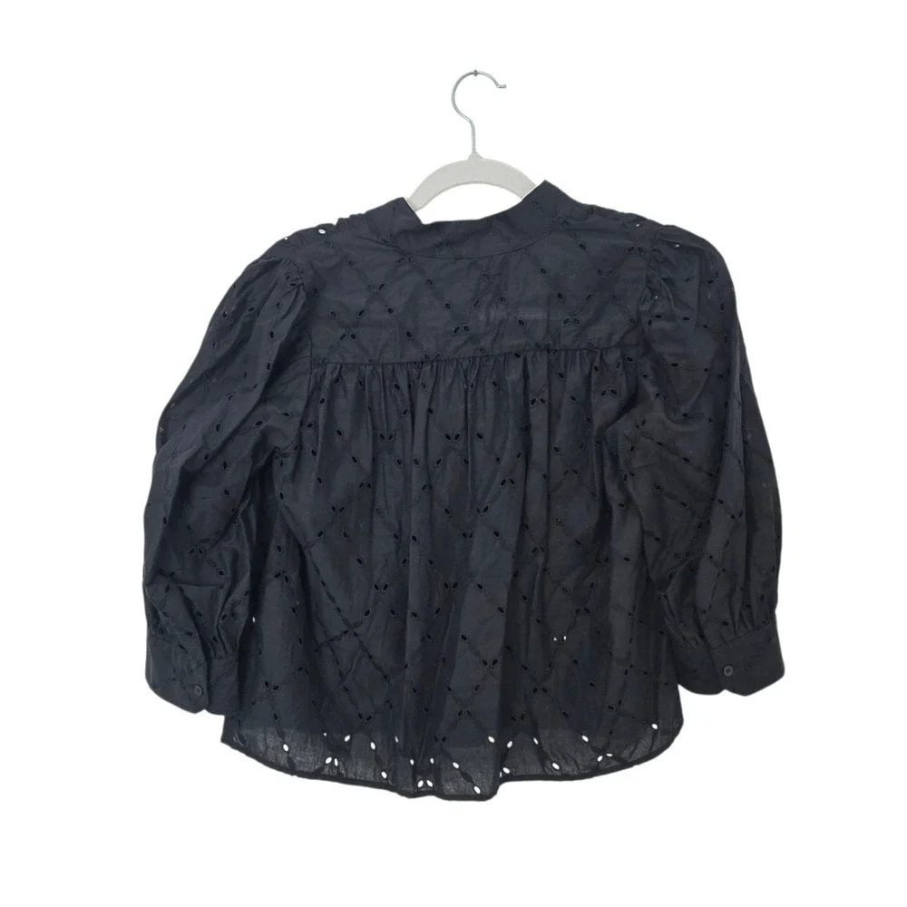 Banana Republic Eyelet Blouse Women XS Black Puff‎ Sleeve V-Neck Top